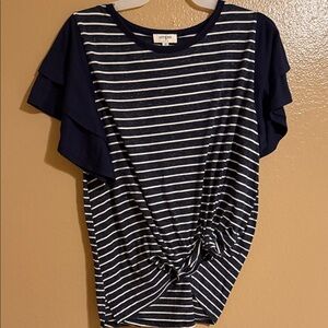 Umgee Navy & White Striped Twist-Front Flutter Sleeve Top